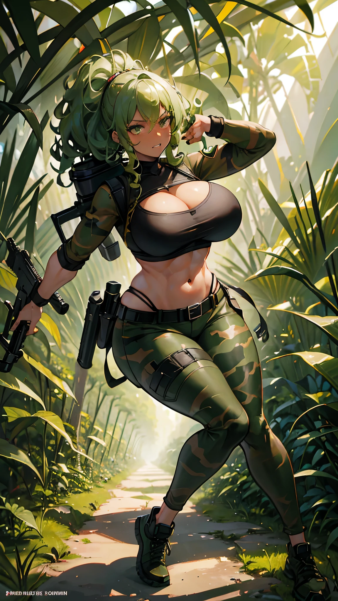 woman, mocking pose, bullet belt crossing her torso, carries a rifle on her back, camouflage pants, moss green hair, broken muscles, dark skin, curly hair, curvy body, big breasts, Amazon jungle background, high definition , rtx lighting, full body focus, bandit expression.