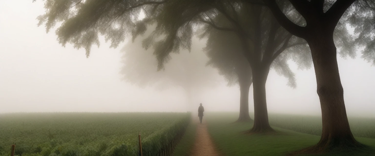 I see the cathedral through the early morning fog., The back background is realistic and vivid image quality, short medium hair, Casual and British - (Beige short-sleeved windbreaker for summer) ,Perfect and realistic photos, The background is realistic. Full body shot with Canon camera 16-35 wide angle lens, expressionless, Standing on a vineyard hill covered in thick fog