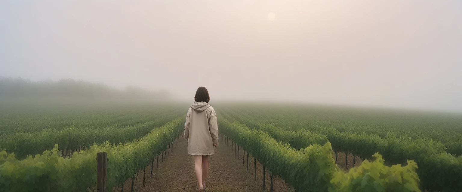I see the cathedral through the early morning fog., The back background is realistic and vivid image quality, short medium hair, Casual and British - (Beige short-sleeved windbreaker for summer) ,Perfect and realistic photos, The background is realistic. Full body shot with Canon camera 16-35 wide angle lens, expressionless, Standing on a vineyard hill covered in thick fog