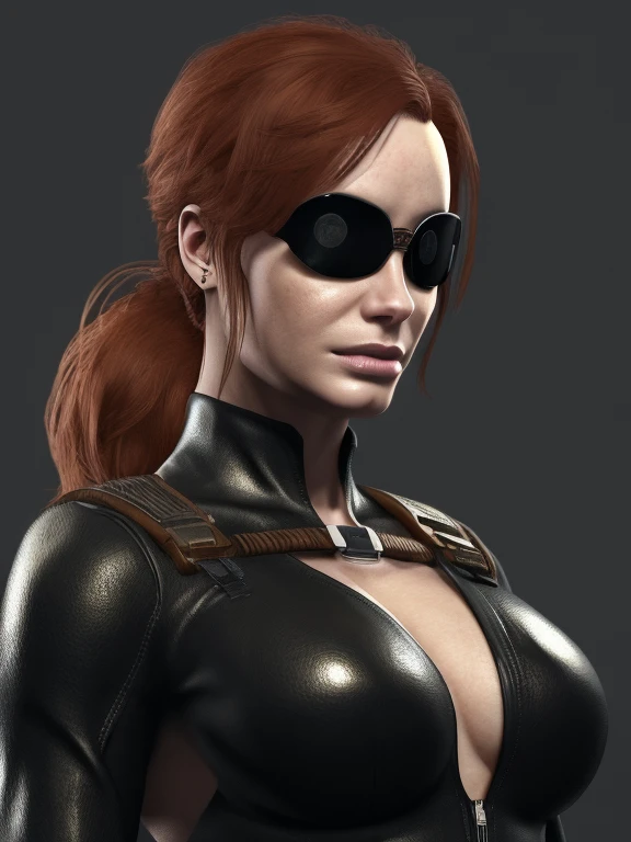 Christina Hendricks as an Metal Gear Solid character, alluring 48 year old woman, High-quality facial research of Christina Hendricks, (Christina's sculpted cheekbones and slight wrinkles around the face), High-quality detailed research of Christina Hendricks voluptuous figure. Fingerless Gloves, skin-tight black leather suit, utility belt, goggles. Whole body, Casual pose, Beautiful pose, (Extremely detailed CG 8k wallpaper), (Extremely delicate and beautiful), (Masterpiece), (Best quality: 1.0), (Ultra-high resolution: 1.0), Beautiful lighting, Perfect lighting, Realistic shadows, [high resolution], Detailed skin, Super detailed (((Colorful))), Digital art, metal gear solid concept art, full body concept art, Expert concept art with high detail, concept-art, stealth game concept art, concept-art, Concept art such as Yoji Shinkawa, Video game concept art, 4K, full body portrait
