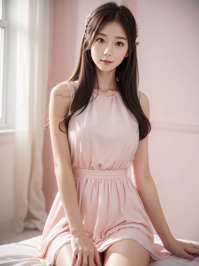 White Room、Salmon pink chiffon dress、(Highest quality)、((Very detailed))、4K、(8K)、masterpiece、Very detailedな、Highest quality、Super Resolution、1 person、Kind Face、Soft Light、RAW quality、Soft Skin、163cm、30 years old、Thighs