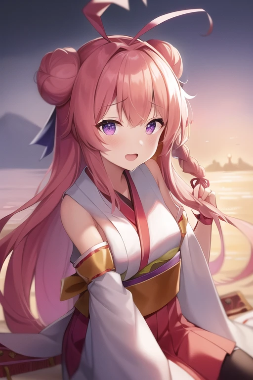 One girl, alone, Long Hair, King Kongu (Kantai Collection),Sakura Miko, Pink Hair, Double Bang, Purple eyes, Hair Bun, Ahoge, Open your mouth, Non-traditional Shrine Maiden, Removable sleeves, Brown eyes, White Background, (headgear):2, (Hair Bunド):2, smile, Sleeves edged with ribbon, Simple Background, kimono, Ribbon trim, View your viewers,  username, Upper Body, Wide sleeves, :d, King Kong