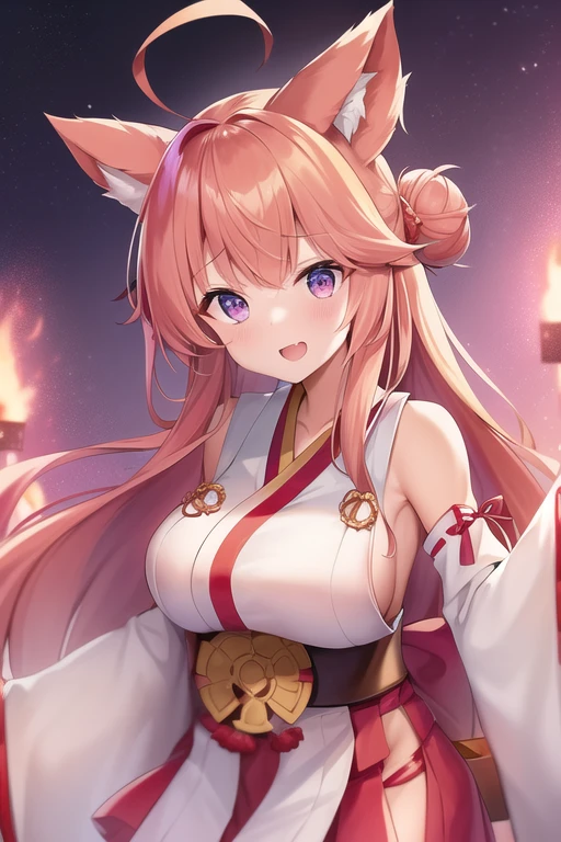 One girl, alone, Long Hair, King Kongu (Kantai Collection),Sakura Miko, Pink Hair, Double Bang, Purple eyes, Hair Bun, Ahoge, Open your mouth, Non-traditional Shrine Maiden, Removable sleeves, Brown eyes, White Background, (headgear):2, (Hair Bunド):2, smile, Sleeves edged with ribbon, Simple Background, kimono, Ribbon trim, View your viewers,  username, Upper Body, Wide sleeves, :d, King Kong