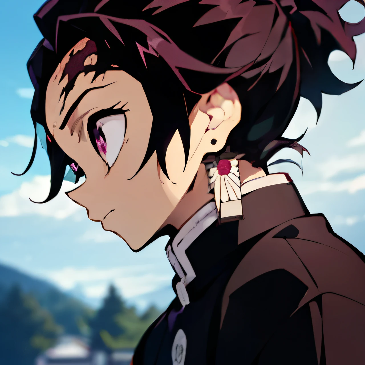 "Hello! I'm seeking an AI that can craft an exceptional profile picture, representing the character Tanjiro Kamado from the series 'Kimetsu no Yaiba'. Tanjiro is a resilient young man, characterized by his black hair and profound eyes, embodying both determination and kindness. I envision the image with a softly blurred background, ensuring Tanjiro stands out prominently in the foreground, maintaining the best possible resolution and quality."