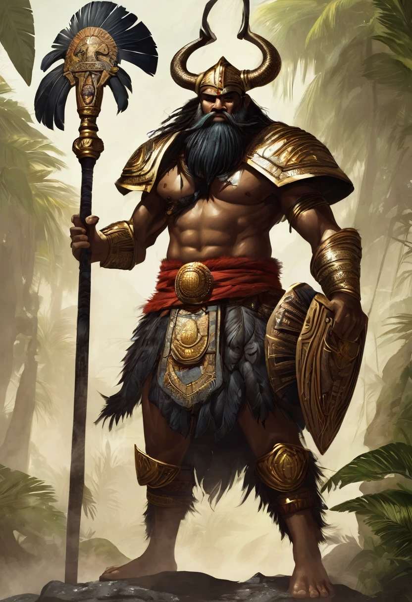 Name: Tagaro (inspired by Tagaro, the god of war in Fijian mythology)
Domain: War, strategy, protection
Appearance: A tall, imposing figure with obsidian skin, adorned with feathers and shells. He wields a club crafted from volcanic rock and a shield woven from palm fronds.
Personality: A fierce but honorable god, demanding respect and courage from his followers. He values cunning tactics and unwavering bravery in battle.