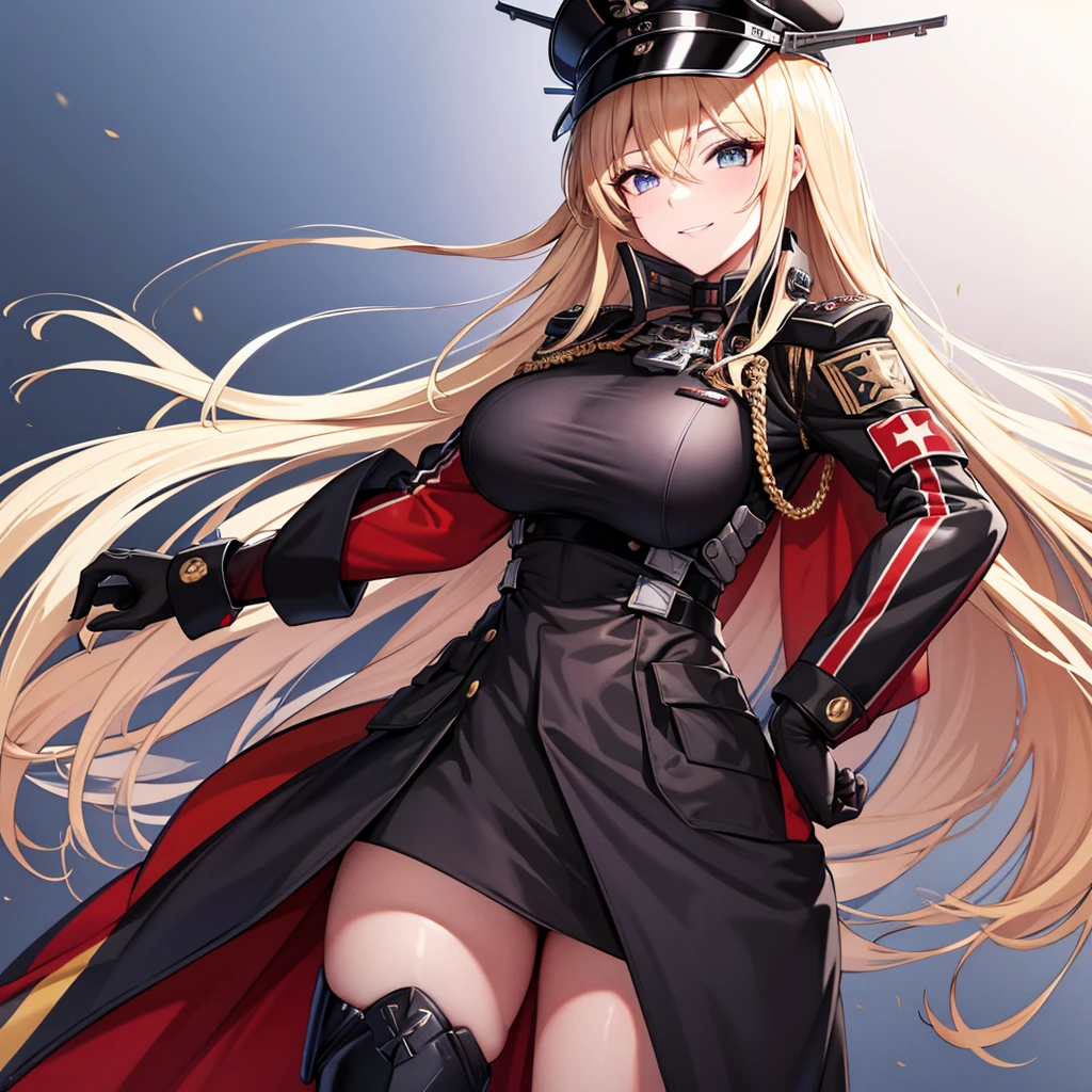 A woman wearing a black military uniform with red details, gold chains on the military uniform, German military aesthetic, golden military shoulder pads, black leather boots, black military hat with details, iron cross on the hat, large breasts, long black fur cape with red details, white gloves, ( Azur lane) holding an iron bar with the white flag with the iron cross, standing on a stone platform overlooking the sea, blonde hair, long hair, eyes blue, smiling,UHD, masterpiece, accurate, anatomically correct, textured skin, super detail, high quality, best quality, 8k, high resolution, bokeh effect. ( solo woman),
