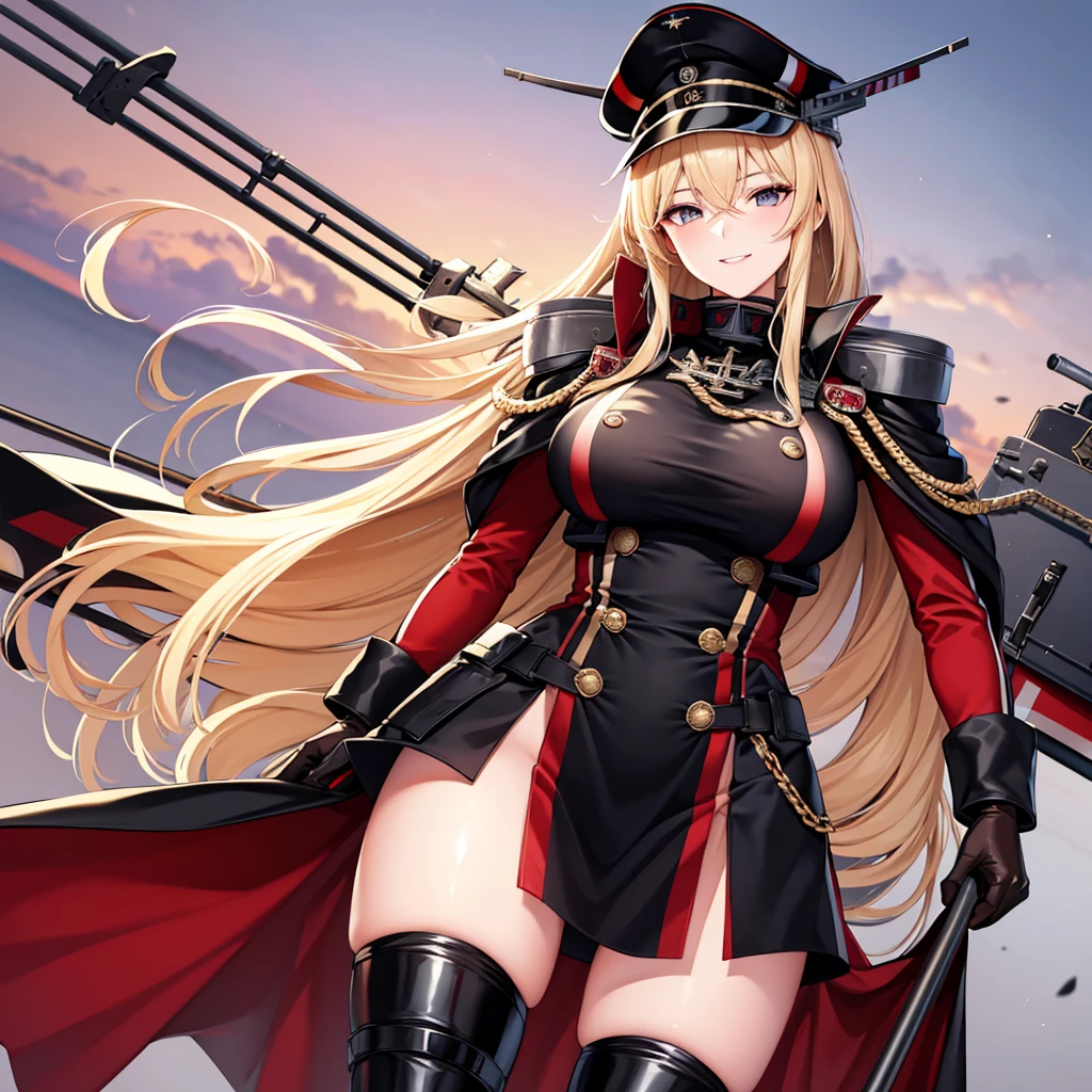 A woman wearing a black military uniform with red details, gold chains on the military uniform, German military aesthetic, golden military shoulder pads, black leather boots, black military hat with details, iron cross on the hat, large breasts, long black fur cape with red details, white gloves, ( Azur lane) holding an iron bar with the white flag with the iron cross, standing on a stone platform overlooking the sea, blonde hair, long hair, eyes blue, smiling,UHD, masterpiece, accurate, anatomically correct, textured skin, super detail, high quality, best quality, 8k, high resolution, bokeh effect. ( solo woman),
