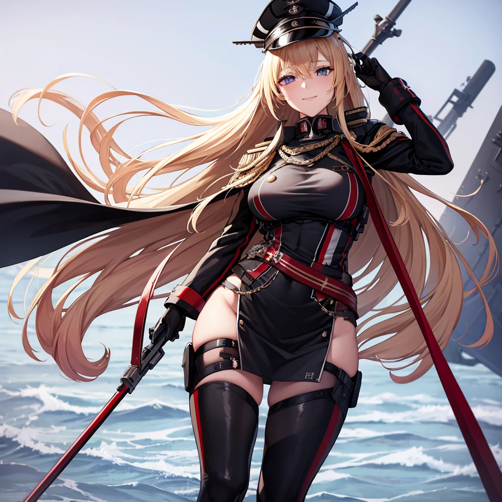 A woman wearing a black military uniform with red details, gold chains on the military uniform, German military aesthetic, golden military shoulder pads, black leather boots, black military hat with details, iron cross on the hat, large breasts, long black fur cape with red details, white gloves, ( Azur lane) holding an iron bar with the white flag with the iron cross, standing on a stone platform overlooking the sea, blonde hair, long hair, eyes blue, smiling,UHD, masterpiece, accurate, anatomically correct, textured skin, super detail, high quality, best quality, 8k, high resolution, bokeh effect. ( solo woman),
