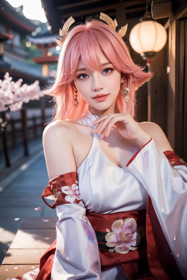 kpop idol, yae miko, detached sleeves, bare shoulders, pink hair, long hair, japanese clothes, best quality, (painting:1.5), (hair ornament:1.35), jewelry, purple eyes, earrings, breasts, torii, cherry blossoms, lantern light, depth of field face focus, ribbon_trim, (looking at viewer:1.25), nontraditional miko, shiny skin, long sleeves, smile, thick lips, hands on lips, east asian architecture, (blurry background:1.2), sitting, upper body,((ultra high res, 8k, RAW photo, best quality, masterpiece:1.47746,realistic:1.4, photo-realistic:1.4,cinematic lighting:1,intricate details:1,raw photo:1))(((ultra-detailed:1.47746))),professional lighting,((physically-based rendering:1)), ((ruddy skin:1,sweat))lens flare,ray tracing ,(extremely detailed face, beautiful detailed eyes,expressive hair:1.5,shiny hair;1)cinematic lighting,(vivid expression) (body muscle:1) solo(1girl:1.5)((smiling:1),(plump figure:1,blance body:1)(realistic hand,realistic clothes)