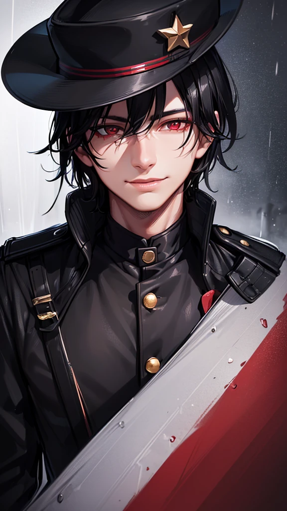 a young man in a black military uniform, black hair, red eyes, smiling, half of his face hidden by a hat, in the rain, getting wet, (best quality,4k,8k,highres,masterpiece:1.2),ultra-detailed,(realistic,photorealistic,photo-realistic:1.37),portrait,dramatic lighting,moody atmosphere,cinematic,vivid colors,striking contrast