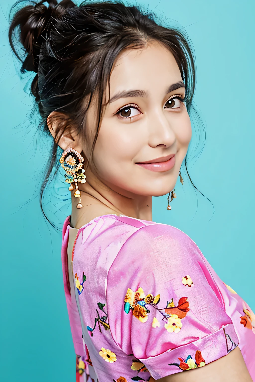 The image depicts a brazilian healthy curvy woman directly facing the camera with a gentle, contented expression. She has dark hair styled up in a messy bun, with loose strands framing her face. Her striking features include clear, light-toned skin and vivid blue eyes that stand out against the simplicity of the solid pink background. She wears large, round earrings and a vibrant pink shirt or dress with bold yellow floral embroidery, suggesting a sense of fashion that is both colorful and playful. The woman's slightly tilted head and subtle smile give the impression of approachable confidence and ease. brightness and warmth due to the color scheme and the subject's inviting demeanor.