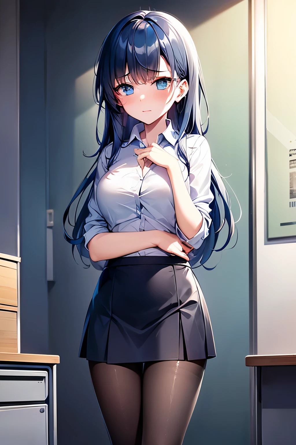 Highest quality, (masterpiece:1.2), Very detailed,
One girl, alone,
View your viewers, Embarrassed expression, Medium chest,
Light blue eyes, Blue Hair, Eyes without light、Medium-long hair、Permed hair、((pantyhose))、Bedroom、((office worker))、((Tight Skirt))、(mini skirt)、(Black Bra)
