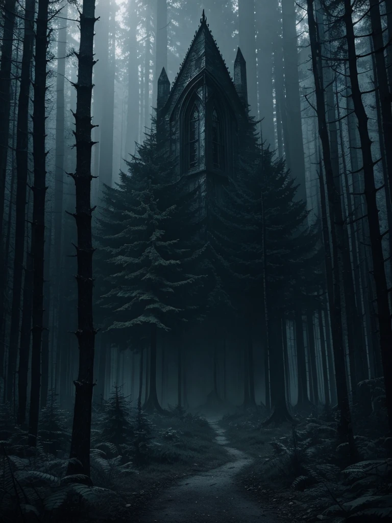 dark forest with gothic aesthetic, highly detailed art, gloomy atmosphere, blue gray tones, ultra realistic, 8k 