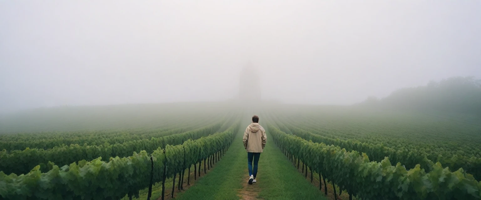 I see the cathedral through the early morning fog., The back background is realistic and vivid image quality, short medium hair, Casual and British - (Beige short-sleeved windbreaker for summer) , Perfect and realistic photos, The background is realistic. Full body shot with Canon camera 16-35 wide angle lens, expressionless, Standing on a vineyard hill covered in thick fog