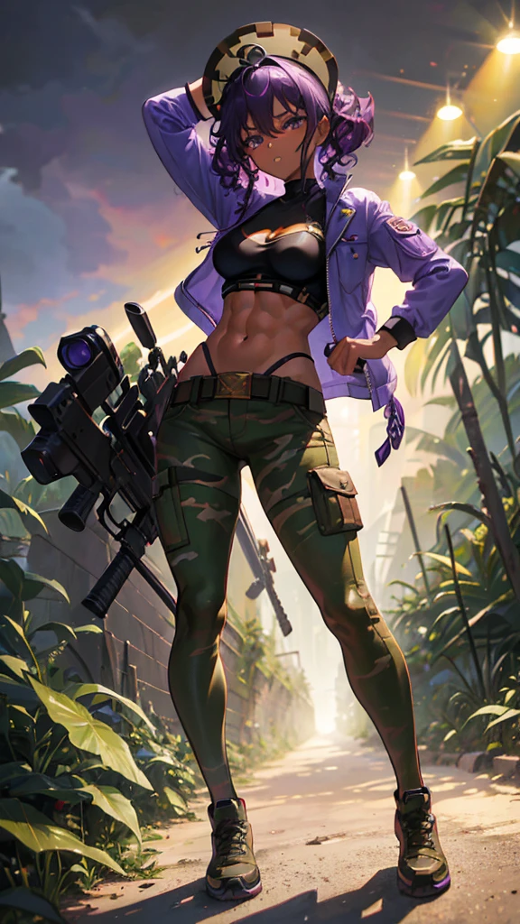 woman, mocking pose, bullet belt crossing her torso, carries a rifle on her back, camouflage pants, purple hair, broken muscles, dark skin, curly hair, lolita body, small breasts, Amazon jungle background, high definition , rtx lighting, full body focus, bandit expression.