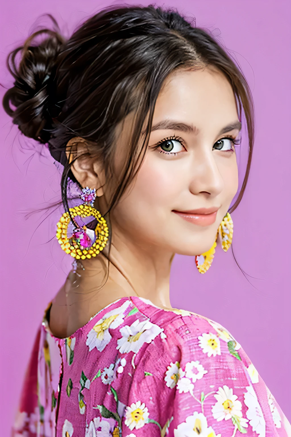 The image depicts a brazilian woman directly facing the camera with a gentle, contented expression. She has dark hair styled up in a messy bun, with loose strands framing her face. Her striking features include clear, light-toned skin and vivid blue eyes that stand out against the simplicity of the solid pink background. She wears large, round earrings and a vibrant pink shirt or dress with bold yellow floral embroidery, suggesting a sense of fashion that is both colorful and playful. The woman's slightly tilted head and subtle smile give the impression of approachable confidence and ease. brightness and warmth due to the color scheme and the subject's inviting demeanor.