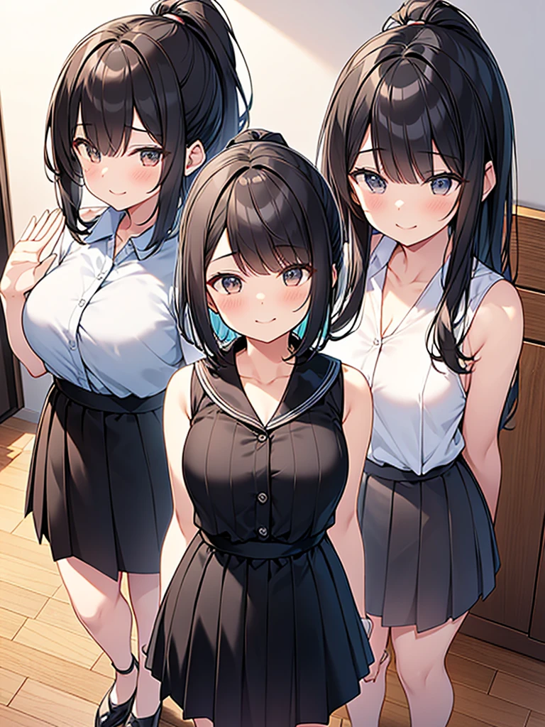 Anime drawing with clear colors. Full body drawing. Young wife is a former student council president. One adult woman. (White vertical striped sleeveless shirt with collar, one black line, black long skirt), (Morning Apartment Room Sexy)、 (Breakfast, table, wooden floor, waving goodbye, a refreshing smile), (Black hair, medium length, ponytail, straight hair, bangs swept to the side:1.9 Slanted eyes Brown eyes Tall Big breasts Strong Beautiful Cute)