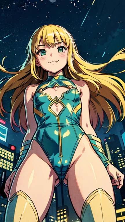 (8k),(masterpiece),(Japanese),(),((innocent look)),((Childish)),From the front,smile,cute,Innocent,Kind eyes,Flat chest,Hairless vagina, Cameltoe,Yellow and green Aquaman Costume,semi-long,Hair blowing in the wind,Blonde Hair,Strong wind,night,dark, Neon light cyberpunk city,kirbywood, drawing, vintage color comics