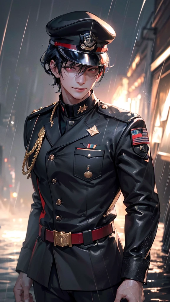 a young man in a black military uniform, black hair, red eyes, smiling, half of his face hidden by a hat, in the rain, getting wet, (best quality,4k,8k,highres,masterpiece:1.2),ultra-detailed,(realistic,photorealistic,photo-realistic:1.37),portrait,dramatic lighting,moody atmosphere,cinematic,vivid colors,striking contrast