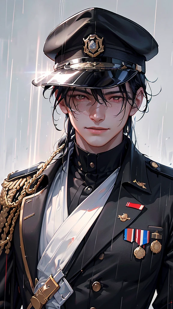 a young man in a black military uniform, black hair, red eyes, smiling, half of his face hidden by a hat, in the rain, getting wet, (best quality,4k,8k,highres,masterpiece:1.2),ultra-detailed,(realistic,photorealistic,photo-realistic:1.37),portrait,dramatic lighting,moody atmosphere,cinematic,vivid colors,striking contrast