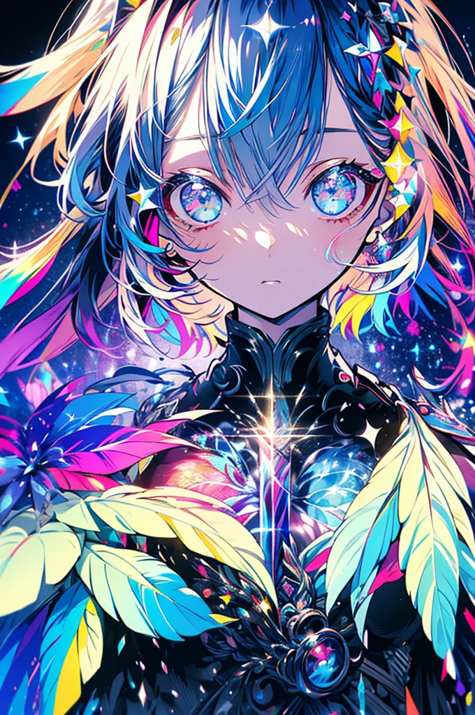 masterpiece、girl、Rainbow colorsの髪、Sparkling eyes、Serious face、Shining Background、Rainbow colors、beautiful、Dangerous guy、masterpiece、Very flashy、Impact、Get noticed