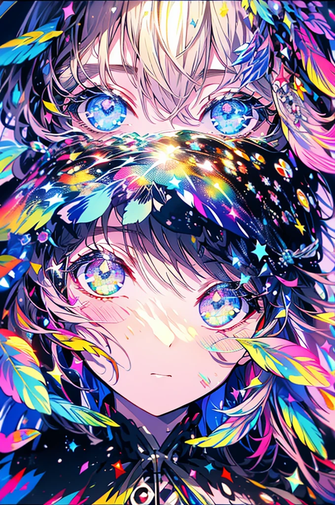 masterpiece、girl、Rainbow colorsの髪、Sparkling eyes、Serious face、Shining Background、Rainbow colors、beautiful、Dangerous guy、masterpiece、Very flashy、Impact、Get noticed