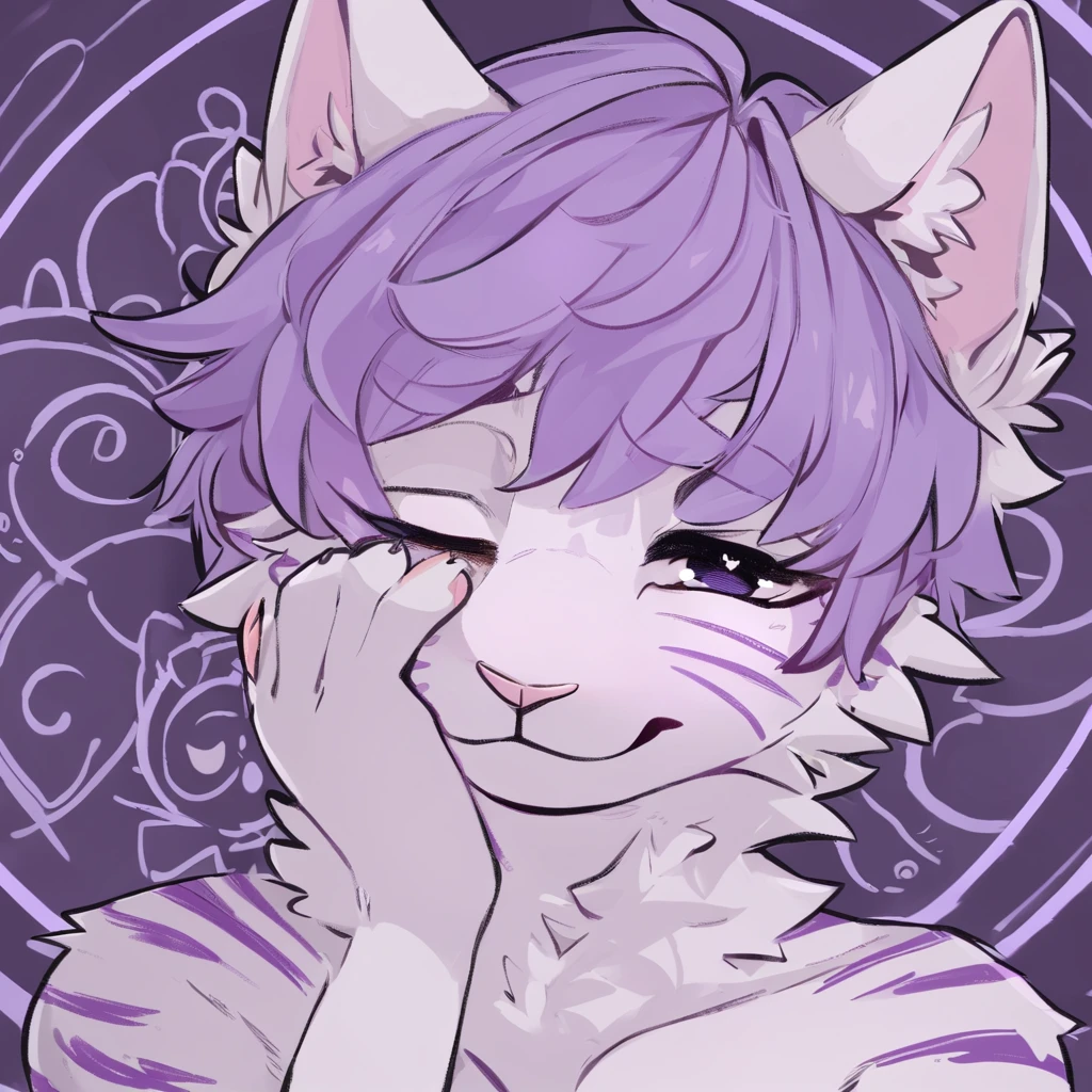 adult, feline, mammal, anthro, anthropomorphic, cat, striped, fur, striped_feline, fur, male, light_purple, purple_hair, fluffy, white, white_chest, shy, small_pupils, digital_art, high_resolution, high_res, hand-drawn, pencil_lines, head_visible, background, neck_visible, seductive_face, detailed_line_work, profile_picture, head_visible, neptune_background, purple_background, cute, white, posing, finger_paws, dream_pose, headshot, head_only