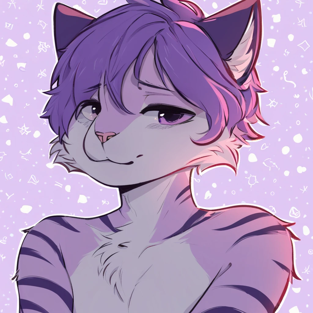 adult, feline, mammal, anthro, anthropomorphic, cat, striped, fur, striped_feline, fur, male, light_purple, purple_hair, fluffy, white, white_chest, shy, small_pupils, digital_art, high_resolution, high_res, hand-drawn, pencil_lines, head_visible, background, neck_visible, seductive_face, detailed_line_work, profile_picture, head_visible, neptune_background, purple_background, cute, white, posing, finger_paws, dream_pose, headshot, head_only