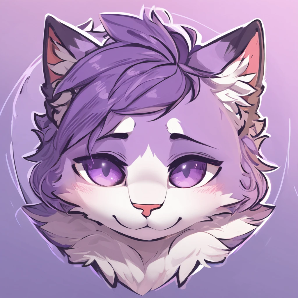 adult, feline, mammal, anthro, anthropomorphic, cat, striped, fur, striped_feline, fur, male, light_purple, purple_hair, fluffy, white, white_chest, shy, small_pupils, digital_art, high_resolution, high_res, hand-drawn, pencil_lines, head_visible, background, neck_visible, seductive_face, detailed_line_work, profile_picture, head_visible, neptune_background, purple_background, cute, white, posing, finger_paws, dream_pose, headshot, head_only