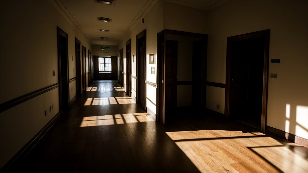 Undefined shadows moving on the walls of an old hospital, with dim lighting that creates an atmosphere of mystery and tension.
