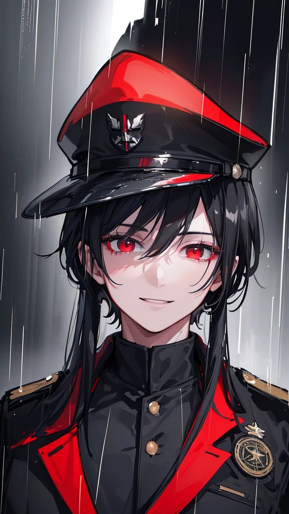 a young man in a black military uniform, black hair, red eyes, smiling, half of his face hidden by a hat, in the rain, getting wet, (best quality,4k,8k,highres,masterpiece:1.2),ultra-detailed,(realistic,photorealistic,photo-realistic:1.37),portrait,dramatic lighting,moody atmosphere,cinematic,vivid colors,striking contrast