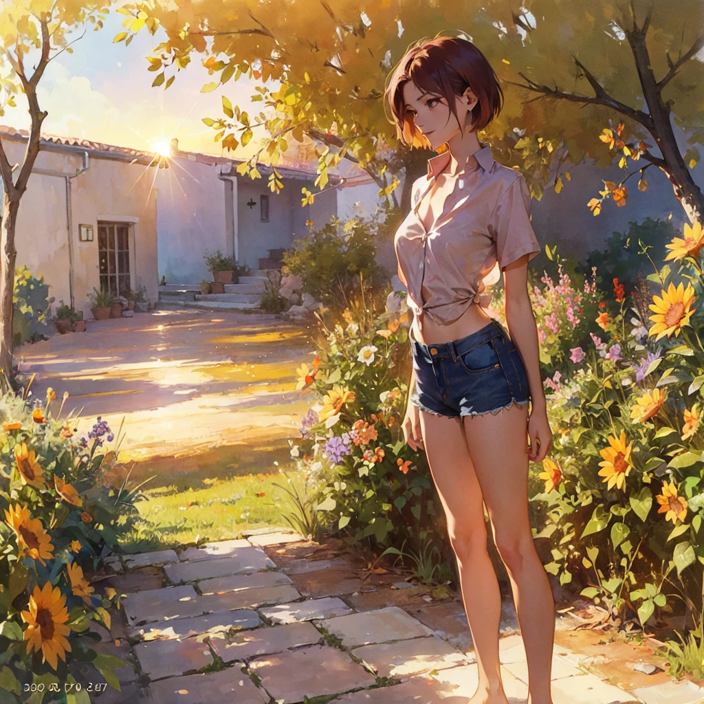 Exquisite, slender, delicate girl of with a perfect gentle face of the southern type (with short dark burgundy hair) with freckles (with ruby earring) in the rays of the rising sun, naked with tender bare breasts with pink swollen nipples ((barefoot)) ((in an unbuttoned open burgundy shirt over a naked body and short burgundy shorts)) (on the veranda in the garden) Drinks (coffee) and looks at the flowers, in watercolor style, discreet light shades, Flares, (imitation of film photography), against the sun, a lot of sun glare, light fills the frame, olive and grape groves, strong wind, Brick Road, high image quality, Maximum detail, sunset lighting, Warm evening shades, (warm golden and olive sunset light), big space eyes, olive and grape groves, Brick Road