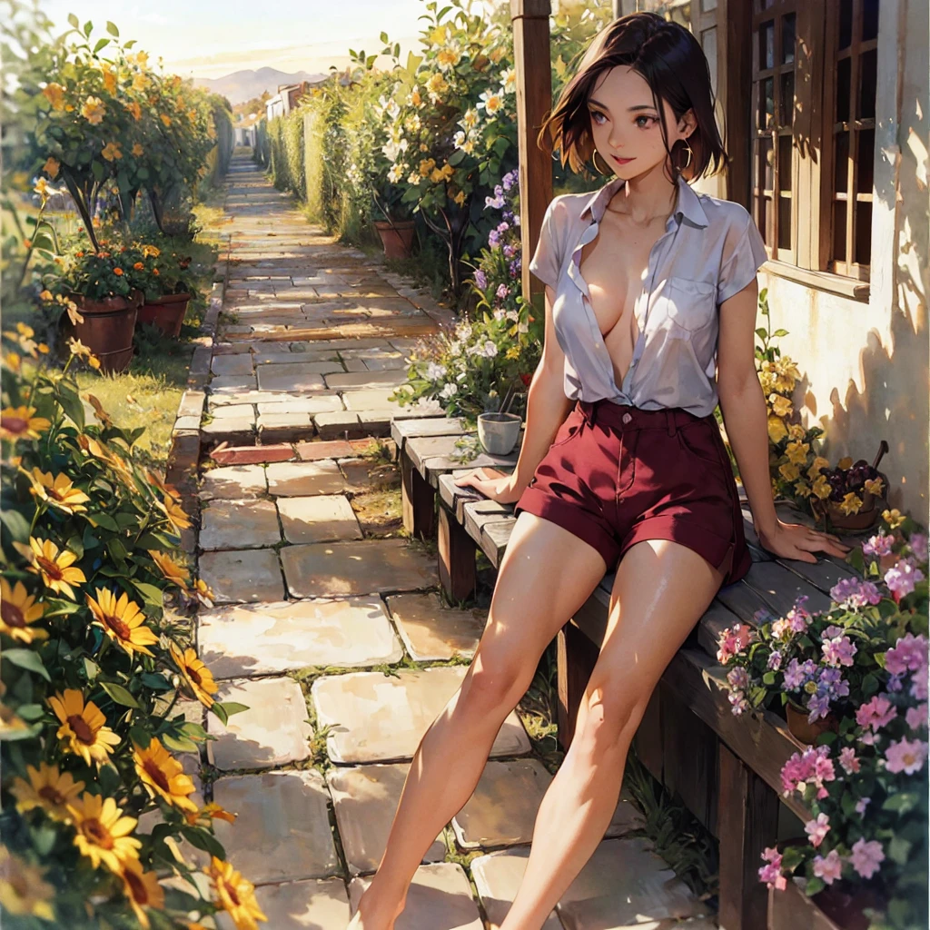 Exquisite, slender, delicate girl of  with a perfect gentle face of the southern type (with short dark burgundy hair) with freckles (with ruby earring) in the rays of the rising sun, naked with tender bare breasts with pink swollen nipples ((barefoot)) ((in an unbuttoned open burgundy shirt over a naked body and short burgundy shorts)) (on the veranda in the garden) Drinks (coffee) and looks at the flowers, in watercolor style, discreet light shades, Flares, (imitation of film photography), against the sun, a lot of sun glare, light fills the frame, olive and grape groves, strong wind, Brick Road, high image quality, Maximum detail, sunset lighting, Warm evening shades, (warm golden and olive sunset light), big space eyes, olive and grape groves, Brick Road