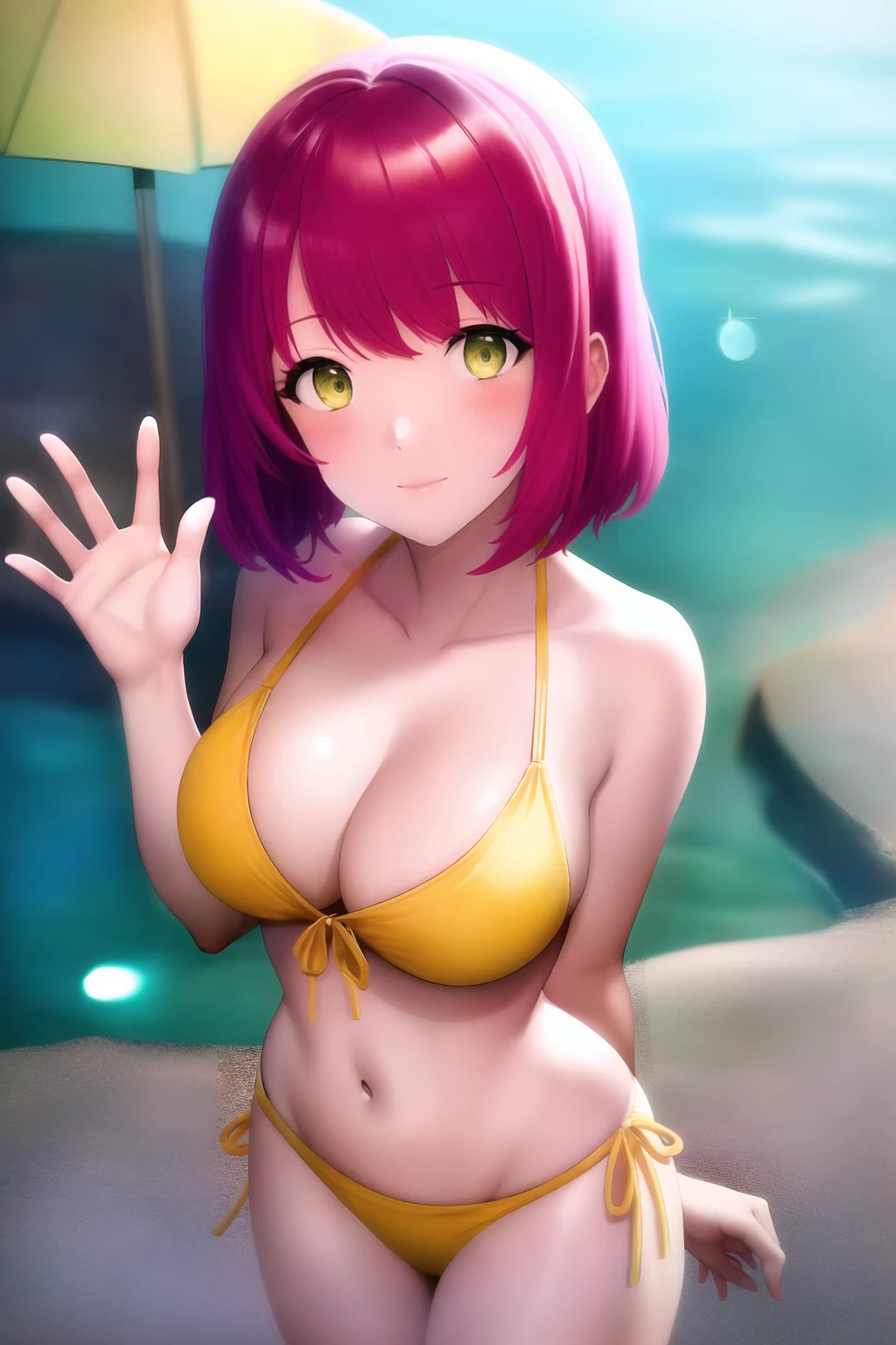 ((best quality)),((highly detailed)),masterpiece,absurdres,detailed face,beautiful face,(detailed eyes, deep eyes),1girl,((dynamic pose)) , Aries, heterochromia, swimsuit, bikini, pink hair, solo, short hair, breasts, yellow bikini, green eyes, blurry, yellow eyes, looking at viewer, outdoors, medium breasts, cowboy shot, blurry background, smile, bubble, waving, collarbone, halterneck, standing, water, bangs, depth of field, closed mouth, day, cleavage, large breasts, blush, hand up, bare shoulders,