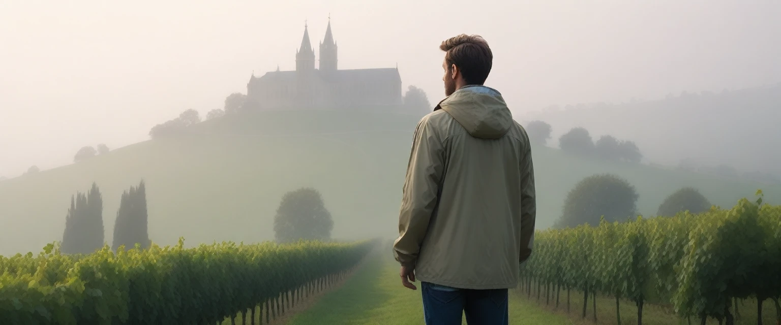 I see the cathedral through the early morning fog., The back background is realistic and vivid image quality, medium hair, Casual and British - (Beige short-sleeved windbreaker for summer) ,Perfect and realistic photos, The background is realistic. Full body shot with Canon camera 16-35 wide angle lens, expressionless, Standing on a vineyard hill covered in thick fog