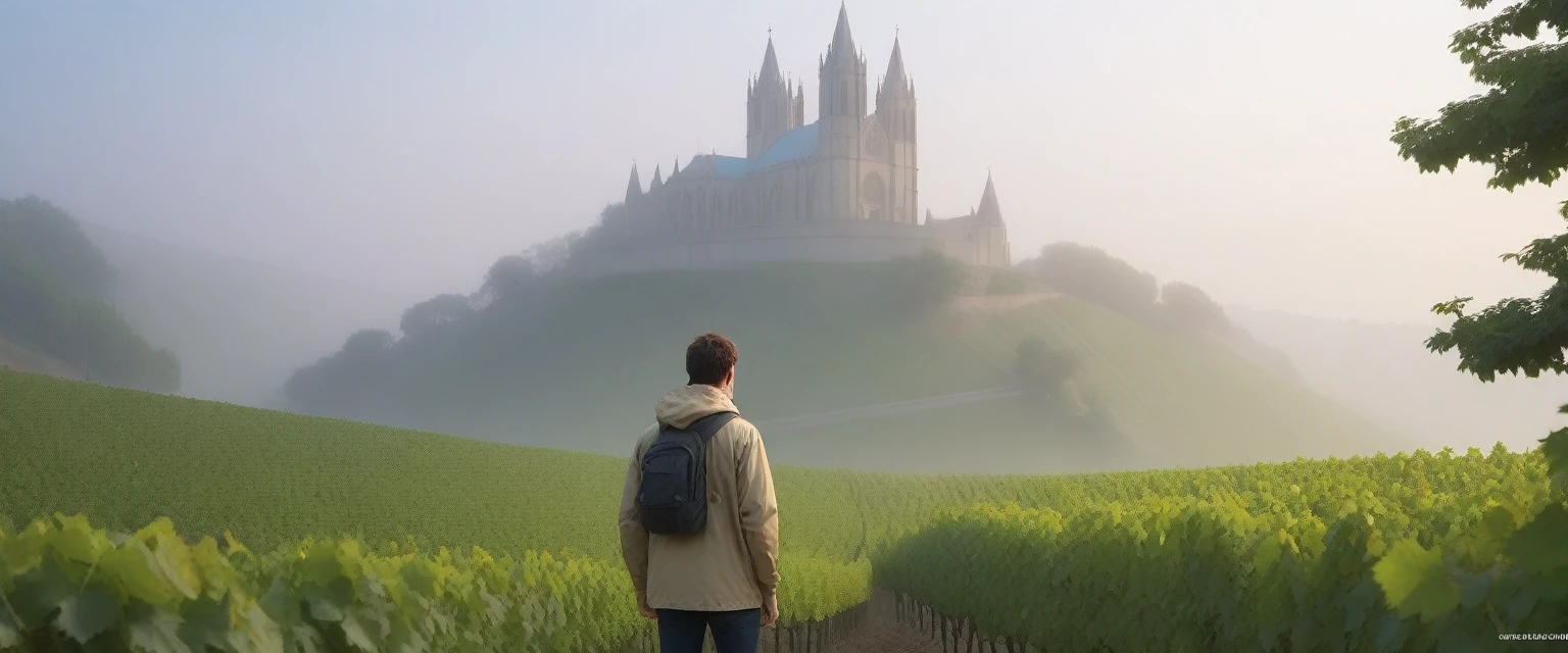 I see the cathedral through the early morning fog., The back background is realistic and vivid image quality, medium hair, Casual and British - (Beige short-sleeved windbreaker for summer) ,Perfect and realistic photos, The background is realistic. Full body shot with Canon camera 16-35 wide angle lens, expressionless, Standing on a vineyard hill covered in thick fog