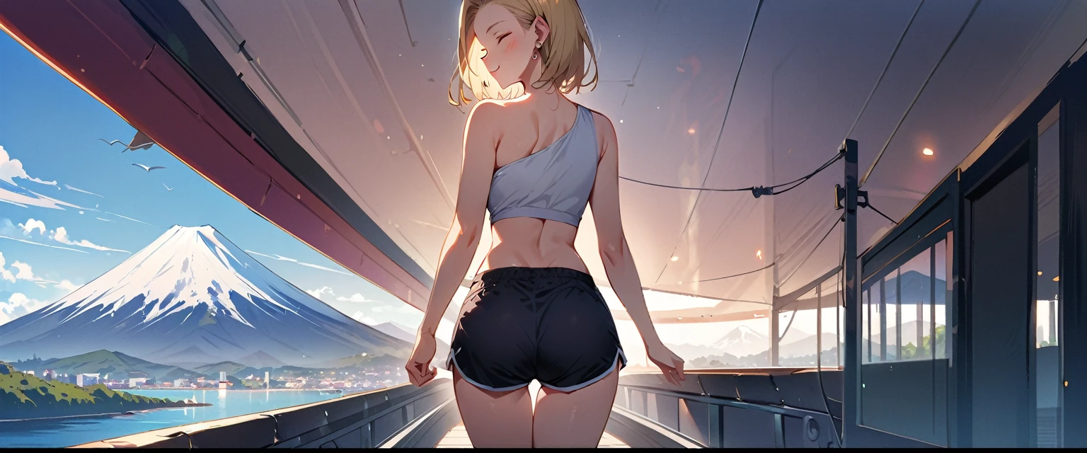 (masterpiece, best quality:1.2), solo, Android 18 from Dragon Ball, ((slip-on one-shoulder crop top)), (light gray top:1.2), no jacket, (short dolphin shorts), (thigh gap), medium breasts, short blonde hair loose, ((close eyes)), earrings on earlobes, slender feminine figure, narrow waistline, skinny body, (plane black cap), (cap without logo), gray newbalance shoes, sky, looking at viewer, blush, shot from behind, looking back, back view, walking, Mt.Fuji, outside, natural lighting and shadows, magnificent view, blur background, 4K, open mouth, smile, beautiful butt, summer
