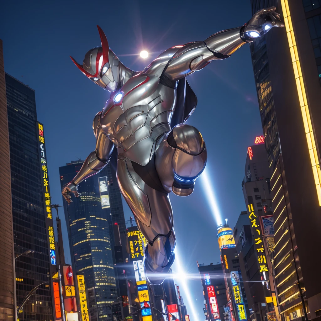 Put arms together and emit rays,40m tall Giant superhero Ultraman Taro,standing on Tokyo Japan,The same size as the building,tall and slim, portrait, fighting pose, photo high quality, realistic photo, night scene,silver helmet, glass hemisphere on chest glows, yellow eyes, forehead lamp glows,martial arts pose, slim body,long limbs,4K
