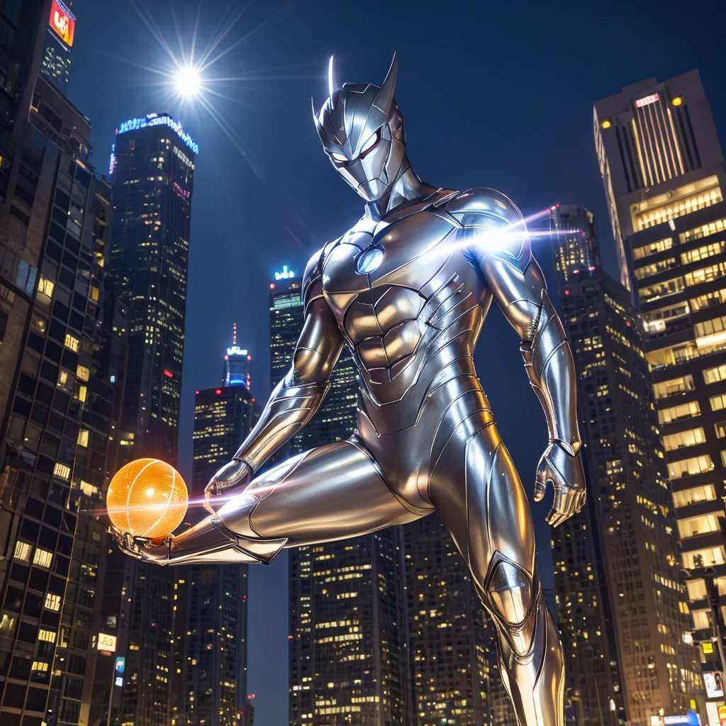 Put arms together and emit rays,40m tall Giant superhero Ultraman Taro,standing on Tokyo Japan,The same size as the building,tall and slim, portrait, fighting pose, photo high quality, realistic photo, night scene,silver helmet, glass hemisphere on chest glows, yellow eyes, forehead lamp glows,martial arts pose, slim body,long limbs,4K