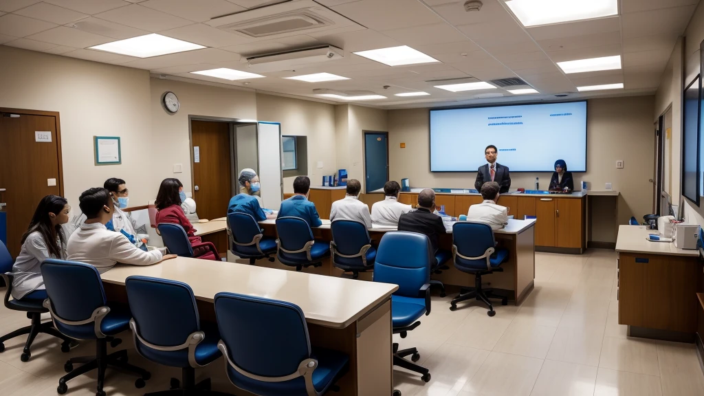 An observation room in a hospital, with a patient sitting in the center and surrounded by doctors who look intrigued and concerned.