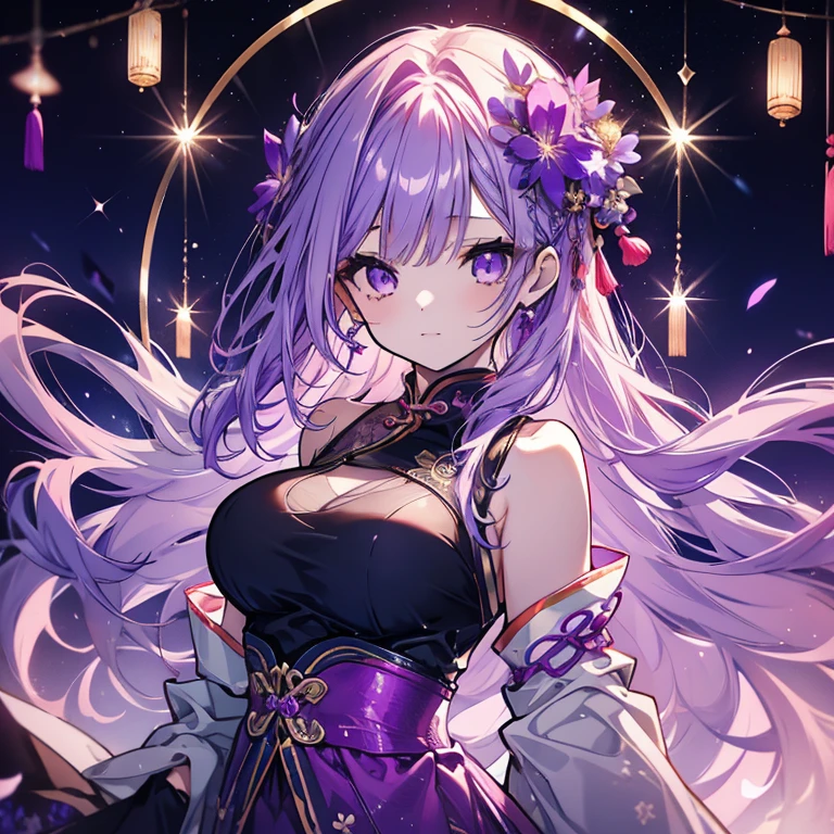 1 girl、Mature、Ample breasts、Long Hair、Purple Hair、Light purple Chinese dress、No sleeve、Starry Sky、Alluring、Night view、Like a jewel、Cinema Lighting、High resolution、Highest quality