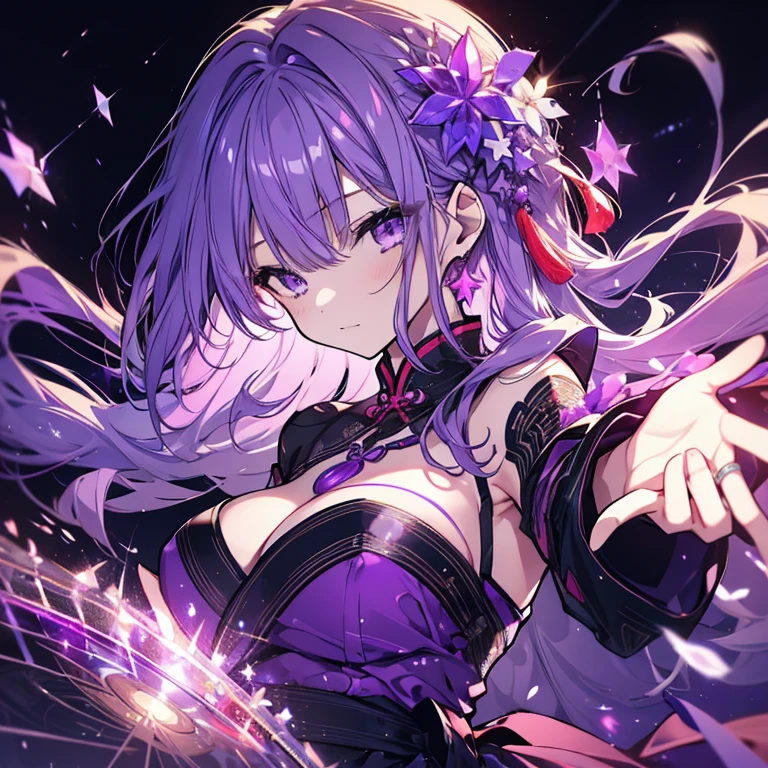 1 girl、Mature、Ample breasts、Long Hair、Purple Hair、Light purple Chinese dress、No sleeve、Starry Sky、Alluring、Night view、Like a jewel、Cinema Lighting、High resolution、Highest quality
