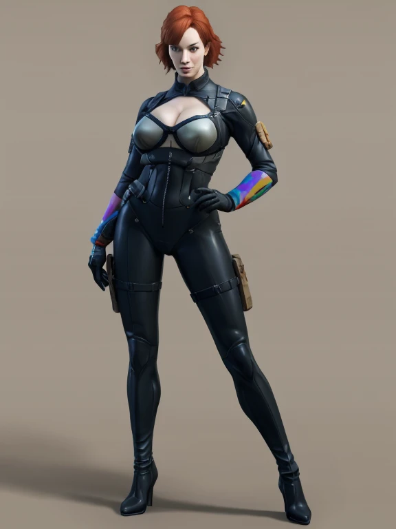 Christina Hendricks as an Metal Gear Solid character, alluring 48 year old woman, High-quality facial research of Christina Hendricks, (Christina's sculpted cheekbones and slight wrinkles around the face), High-quality detailed research of Christina Hendricks voluptuous figure. Fingerless Gloves, skin-tight black leather suit, utility belt. Whole body, Casual pose, Beautiful pose, (Extremely detailed CG 8k wallpaper), (Extremely delicate and beautiful), (Masterpiece), (Best quality: 1.0), (Ultra-high resolution: 1.0), Beautiful lighting, Perfect lighting, Realistic shadows, [high resolution], Detailed skin, Super detailed (((Colorful))), Digital art, metal gear solid concept art, full body concept art, Expert concept art with high detail, concept-art, stealth game concept art, concept-art, Concept art such as Yoji Shinkawa, Video game concept art, 4K, full body portrait
