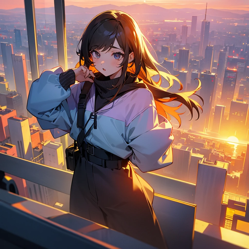 Girl Calling on a cellphone, over a building looking at the sunset behind a city, tilted pov