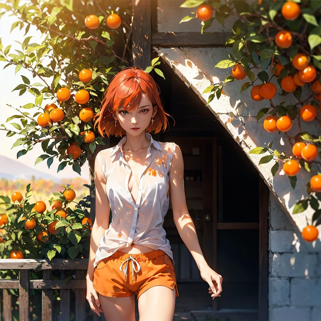 Exquisite, slender, delicate girl of 16 years old with a perfect gentle face of the southern type (with short red hair) with freckles with a ruby earring in the rays of the rising sun, naked with tender bare breasts with pink nipples (barefoot) ((in an unbuttoned open orange shirt over his naked body and short orange shorts)) (on the veranda in the garden) Drinks (coffee) and looks at the flowers, in watercolor style, discreet light shades, Flares, (imitation of film photography), against the sun, a lot of sun glare, light fills the frame, olive and grape groves, strong wind, Brick Road, high image quality, Maximum detail, sunset lighting, Warm evening shades, (warm golden and olive sunset light), big space eyes, olive and grape groves, Brick Road