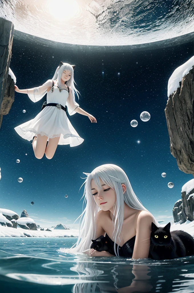 20-year-old girl with white hair and loose hair lying in the water sleeping with a black cat looking at her in the reflection of the water the same girl with brown hair without the reflection of the black cat with seven crystals falling the first crystal with the image of the girl dressed in a battle suit and holding a katana in the second window a black-haired boy dressed in a in the third window the girl in a white dress walking in the water looking in the horizon at a huge wall in the fourth window the girl hugging a black wolf in the fifth crystal the girl walking in the snow in the sixth crystal a 15 year old boy with white hair with ears in the seventh crystal the reflection of two moons all anime version