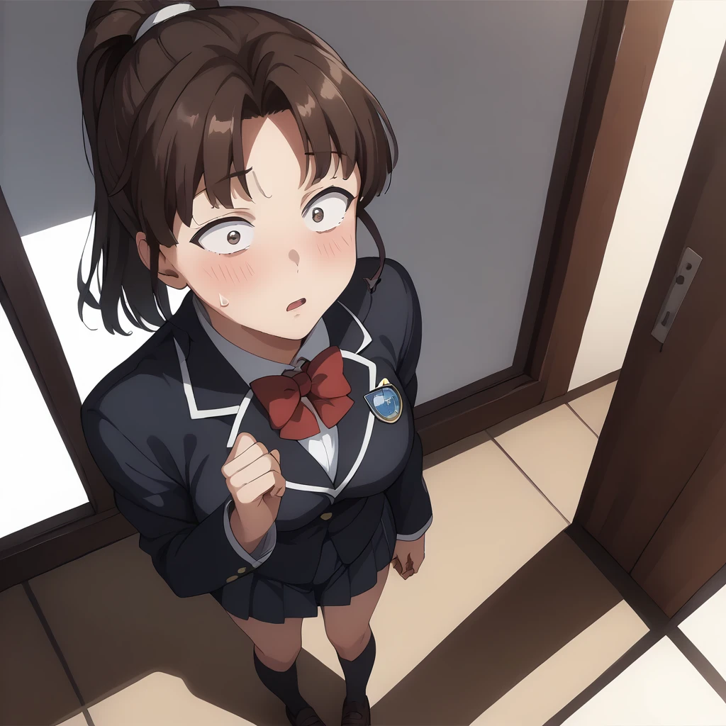 blush,sweat,surprised,from above,half-closed eyes,looking at viewer,parted lips,
solo,
YuukoKawashima,brown eyes,sanpaku,1girl,black brown hair,ponytail,
school_uniform,black blazer,red bowtie,
pleated_skirt,black skirt,
black socks,
full body,standing,
