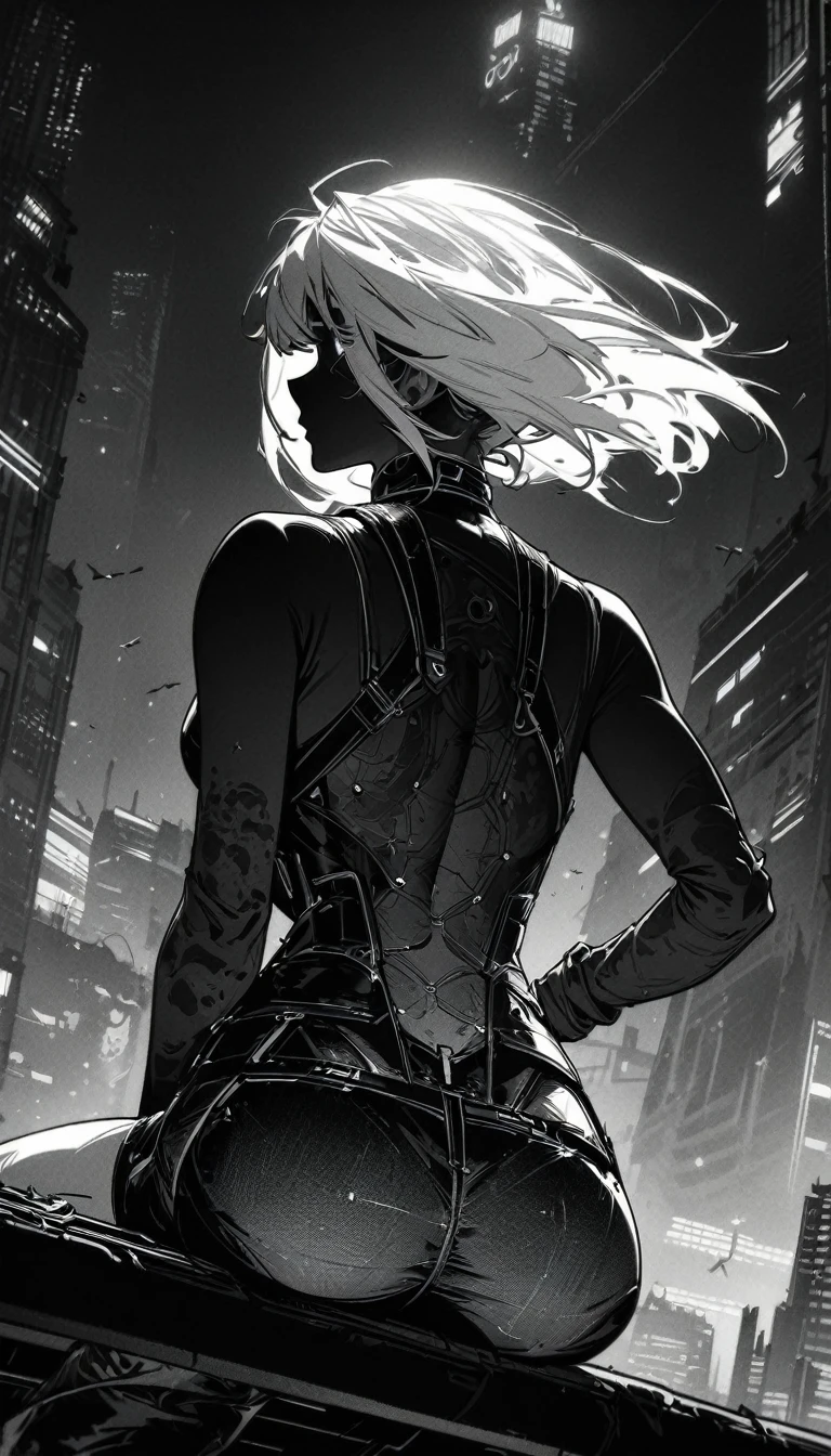 monochrome, no color, from behind, best quality, super fine, 16k, incredibly absurdres, extremely detailed, two skyscrapers, back view of a woman sitting on a trapeze, wind, wind-effect, moonlit night view, (magnificent view:1.1) , cyberpunk, steampunk, dieselpunk, clockpunk, artwork, mixture art, blend art, design art