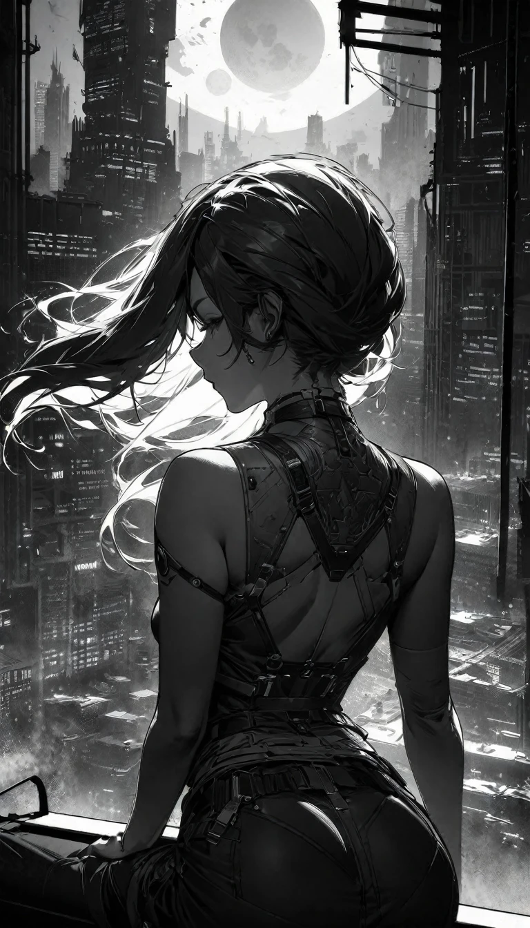 monochrome, no color, from behind, best quality, super fine, 16k, incredibly absurdres, extremely detailed, two skyscrapers, back view of a woman sitting on a trapeze, wind, wind-effect, moonlit night view, (magnificent view:1.1) , cyberpunk, steampunk, dieselpunk, clockpunk, artwork, mixture art, blend art, design art