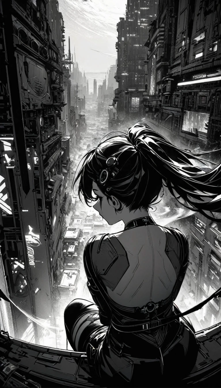 monochrome, no color, from behind, best quality, super fine, 16k, incredibly absurdres, extremely detailed, two skyscrapers, back view of a woman sitting on a trapeze, wind, wind-effect, moonlit night view, (magnificent view:1.1) , cyberpunk, steampunk, dieselpunk, clockpunk, artwork, mixture art, blend art, design art